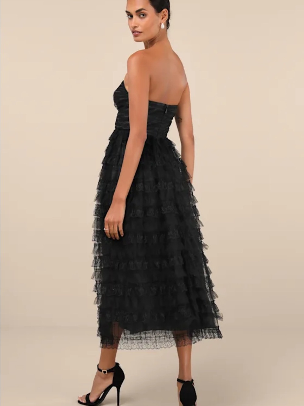 Immensely Exquisite Black Tulle Strapless Tiered Midi Dress - Picture 2 of 6